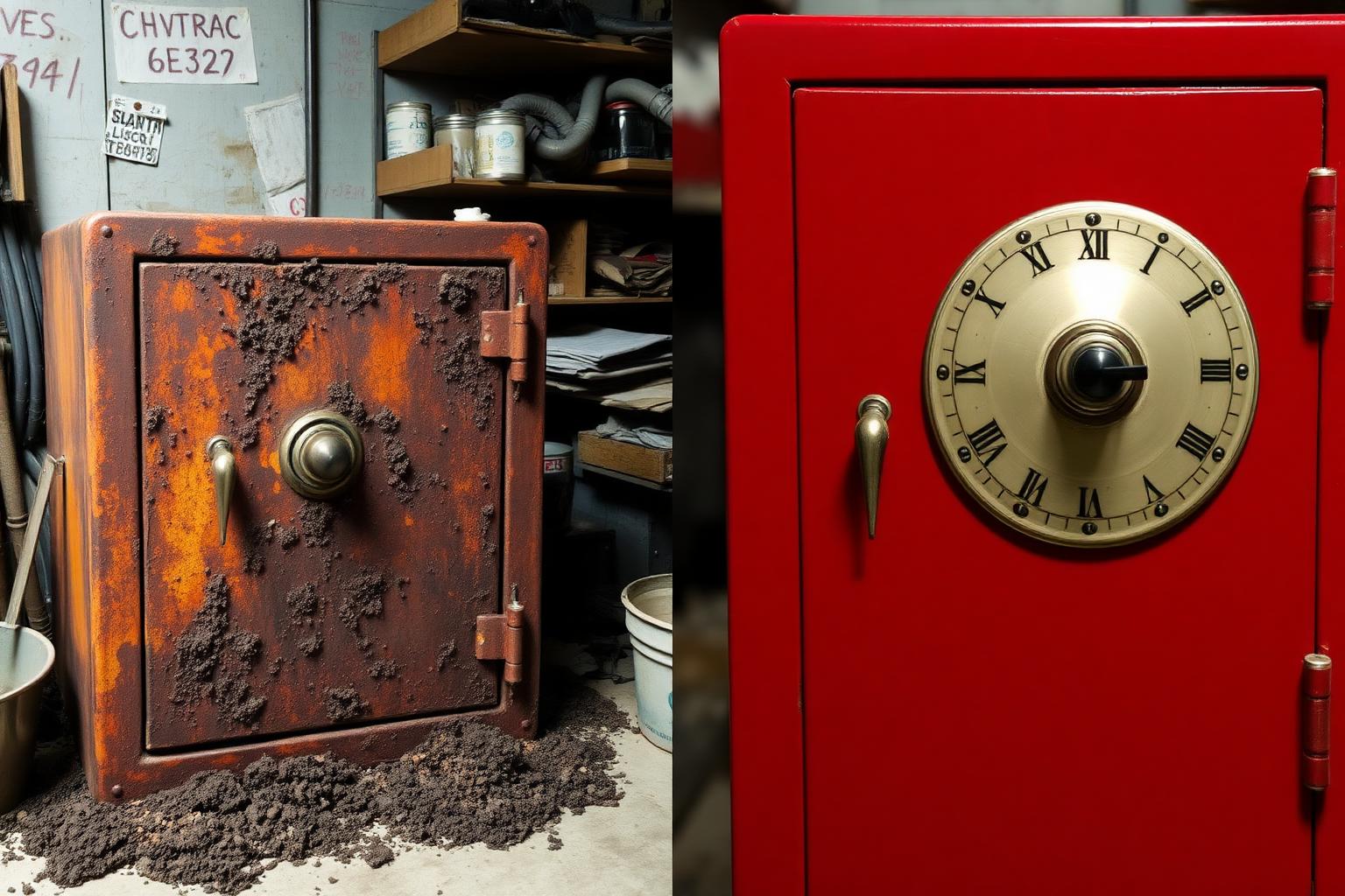 A rusted safe recovered from water next to the same safe fully restored