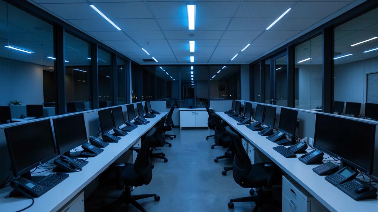 Empty call centre office with rows of headsets and monitors