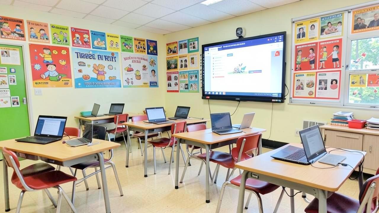 Students working on laptops in a bright modern classroom