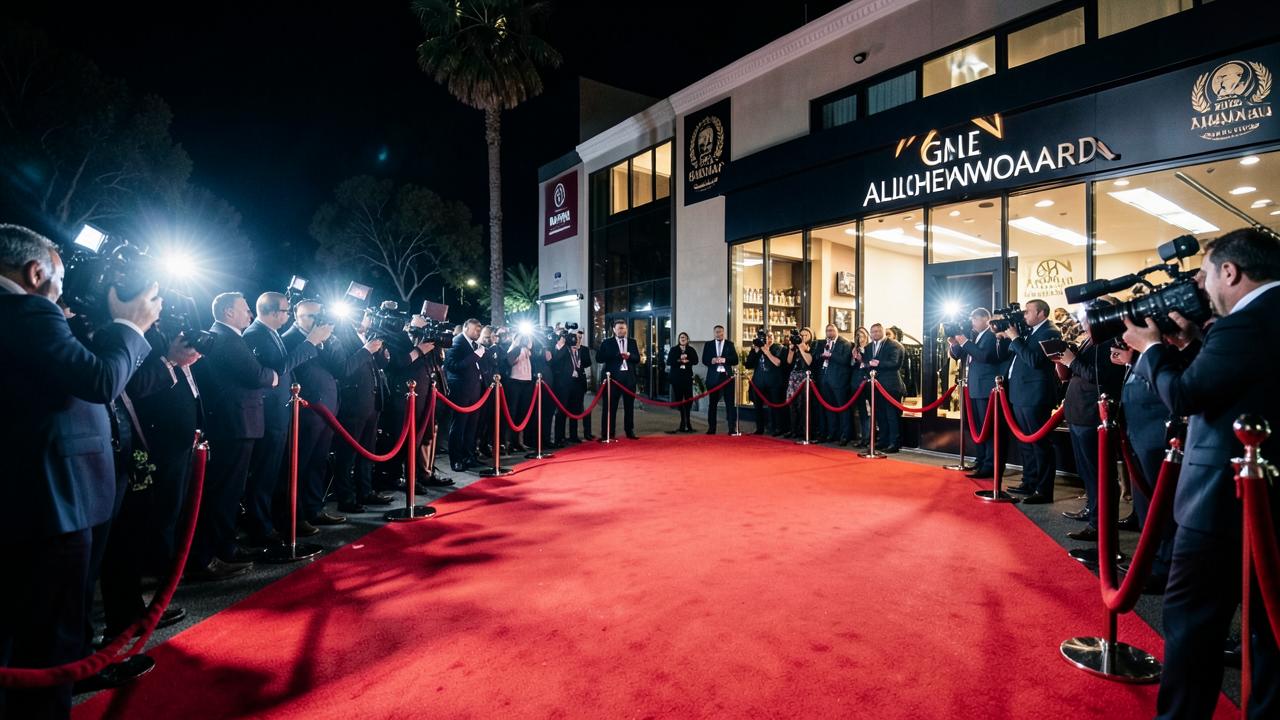 Empty red carpet outside a glamorous Auckland awards venue at night