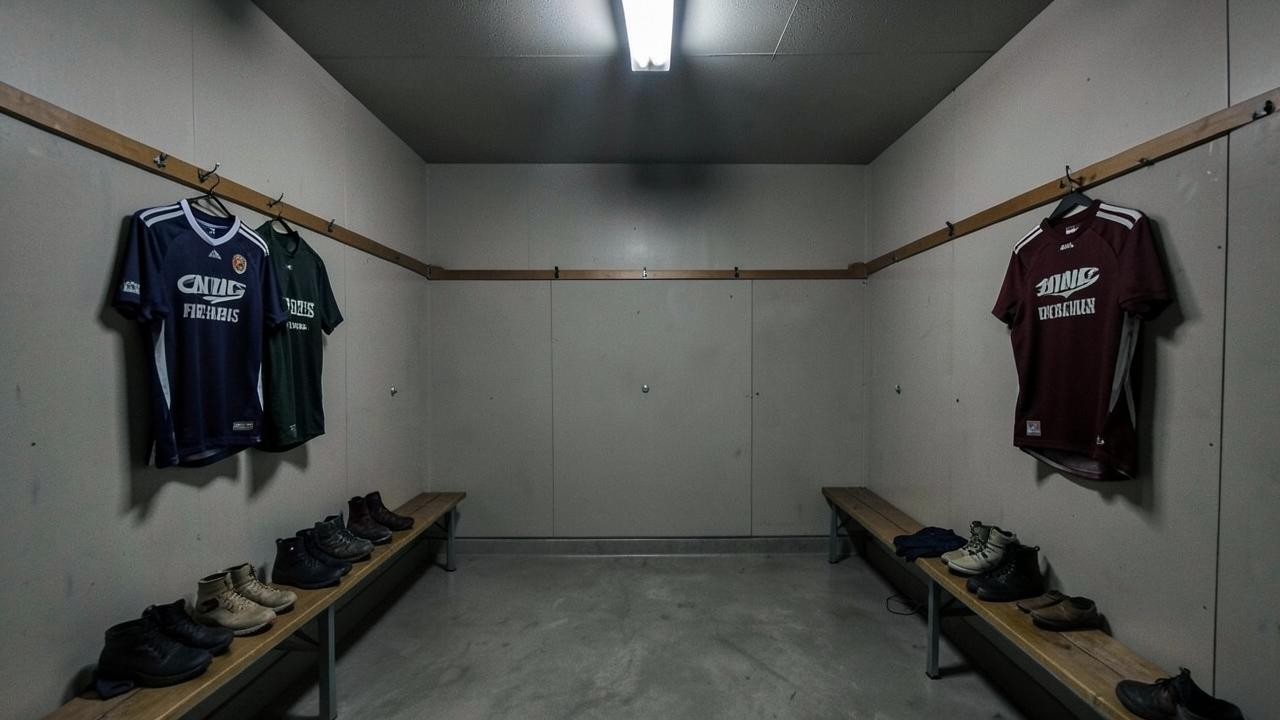 Empty rugby dressing room with jerseys hanging on hooks
