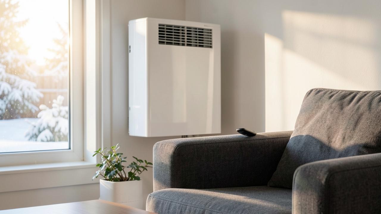 Wall mounted heat pump unit in a warm living room with remote control