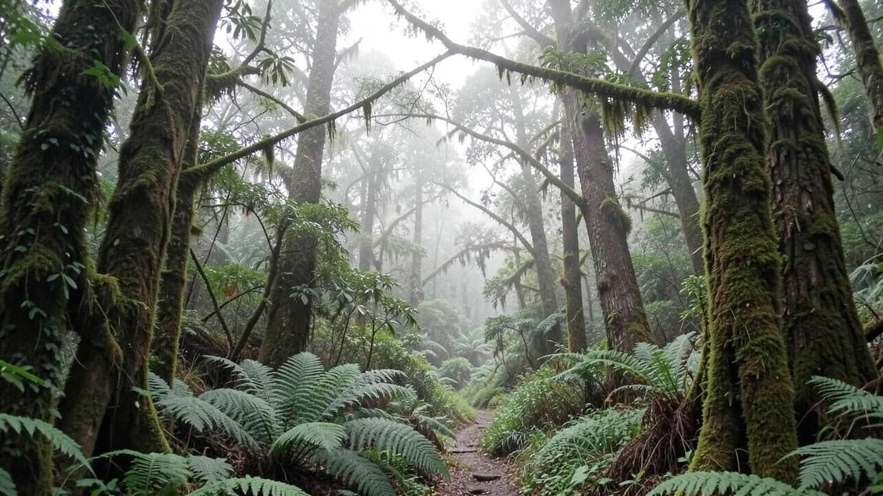 Native New Zealand bush valley at dawn with mist over the treetops