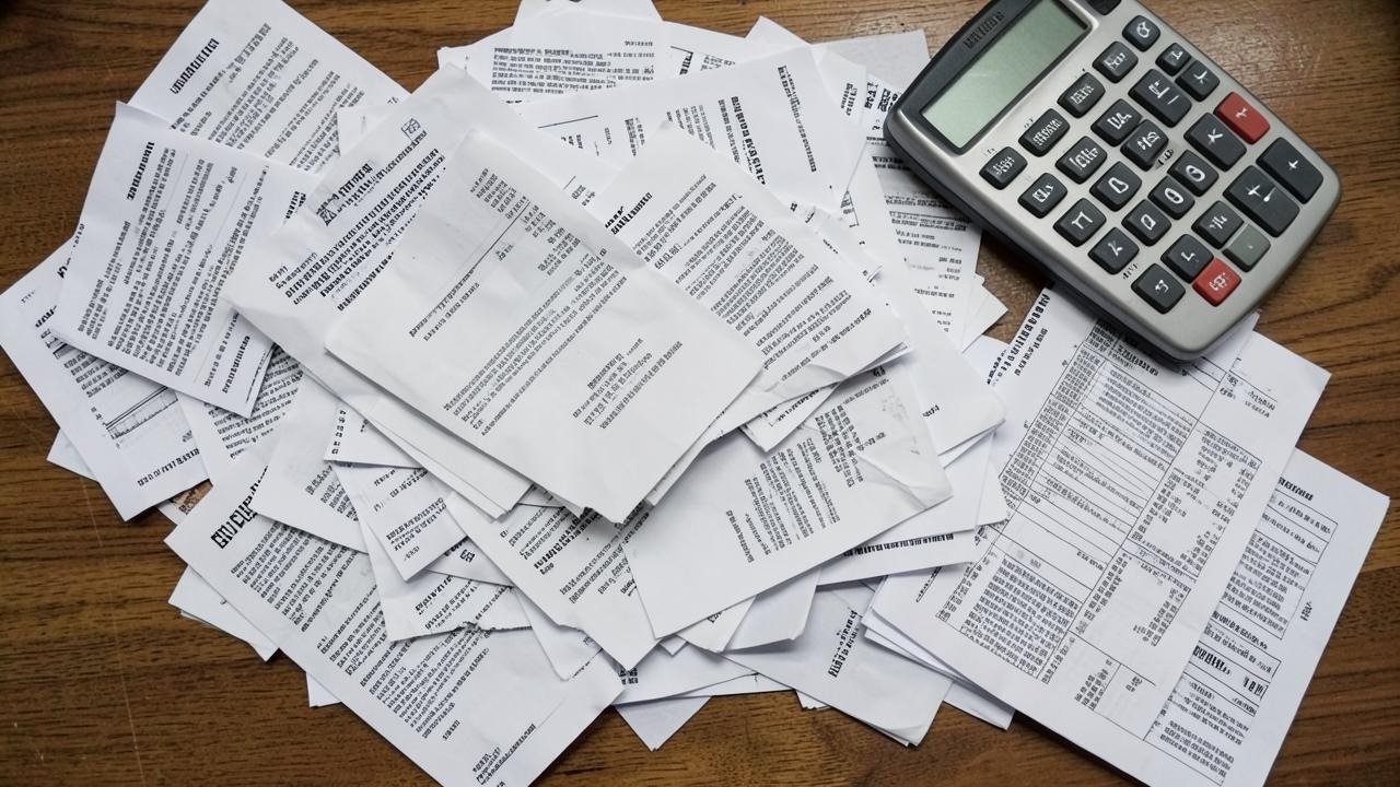 Pile of paper receipts and financial documents on a desk
