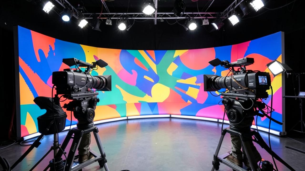 Television studio set with cameras, bright lights and colourful backdrop