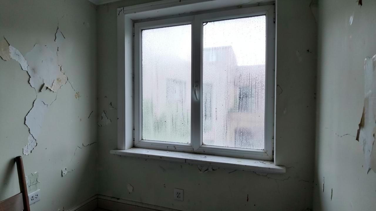 Damp mouldy window frame in an old rental house interior