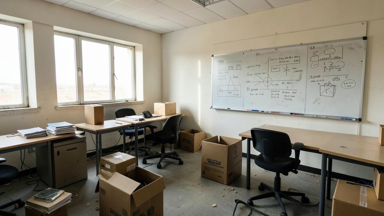Empty modern startup office with abandoned desks and cables