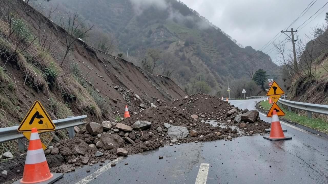 Large landslip covering a rural state highway with earthmoving equipment